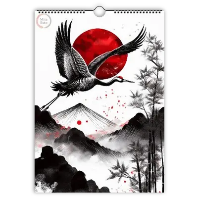 Japanischer Sumi-e Tuschekunst-Kalender 2027 mit Kranich und roter Sonne