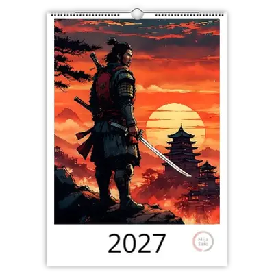 Samurai-Kalender 2027 mit japanischem Krieger bei Sonnenuntergang